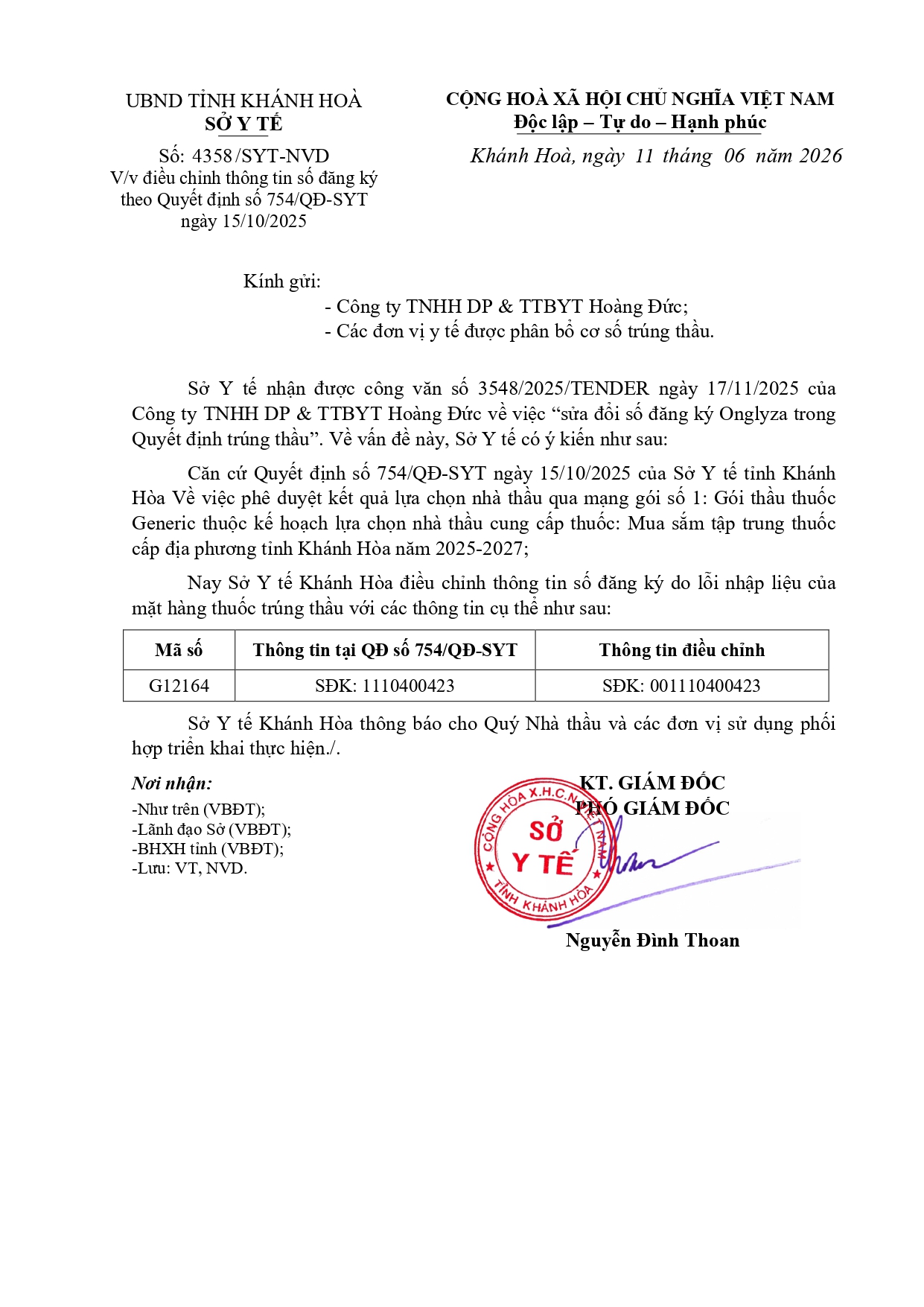 V/v điều chỉnh thông tin số đăng ký theo Quyết định số 754/QĐ-SYT ngày 15/10/2025